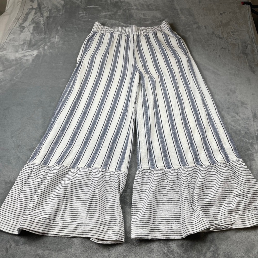Tigerlily Blue White Striped Wide Leg Ruffle Hem Pants US 10 Elastic Waist Boho